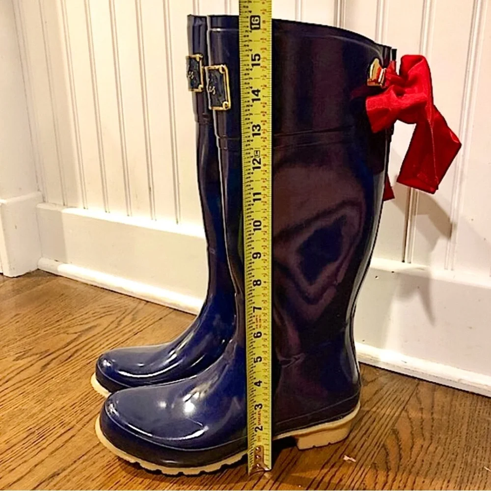 JOULES Navy Blue Tall Rain Boots with Red Bow and Toile Lining Size 9 - Picture 9 of 13